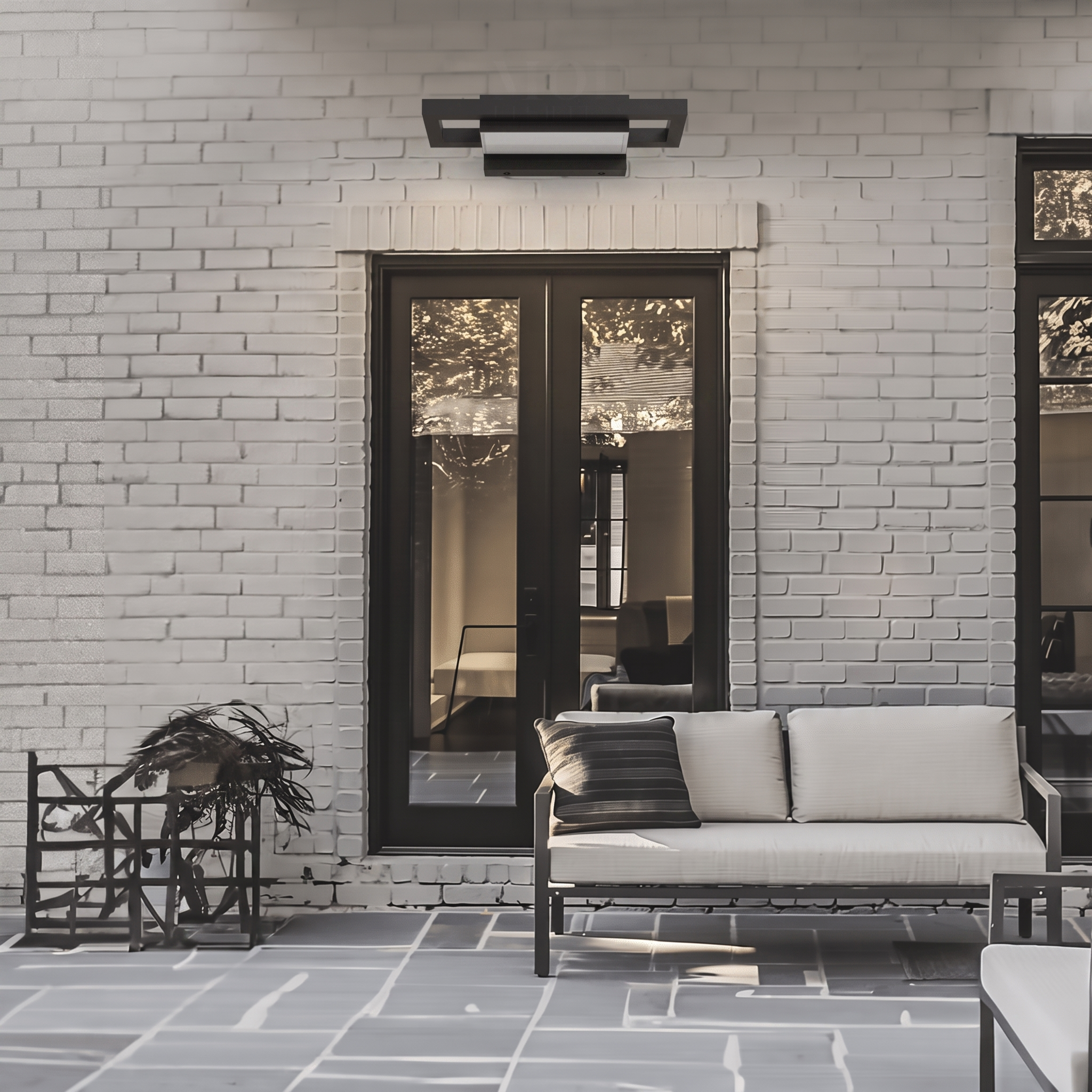 Brooklyn wall light on a brick courtyard wall