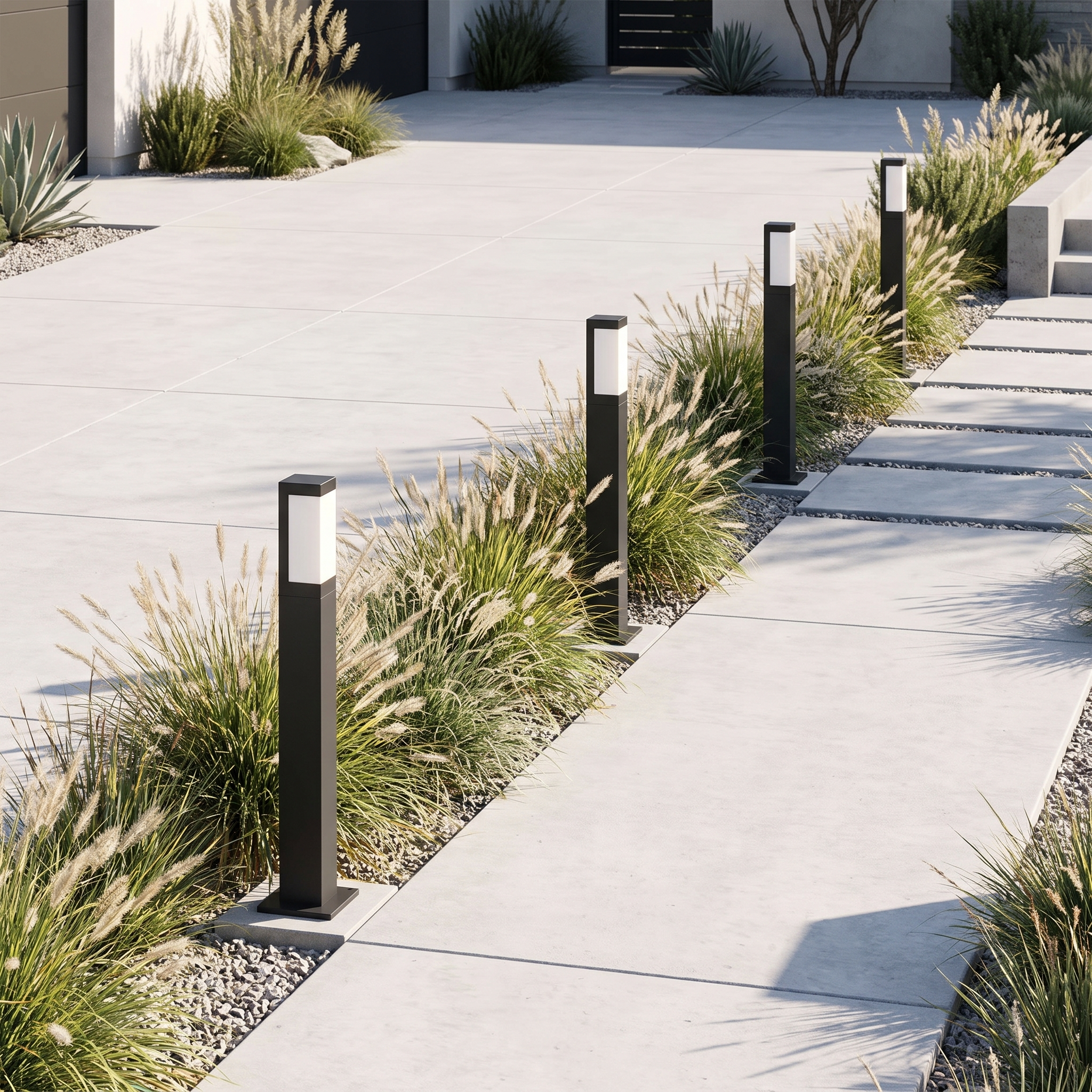Meadow path lights along a driveway edge
