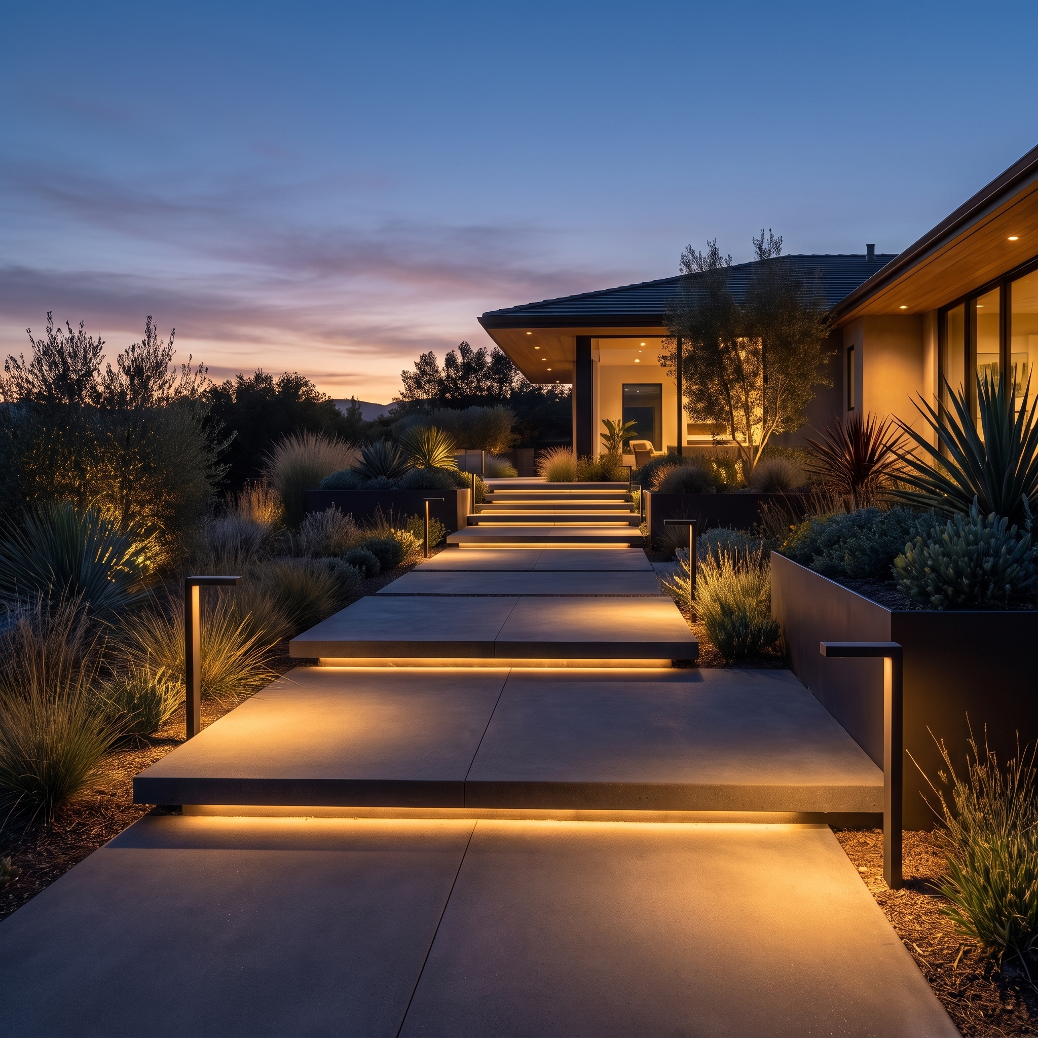Garden path lighting at dusk
