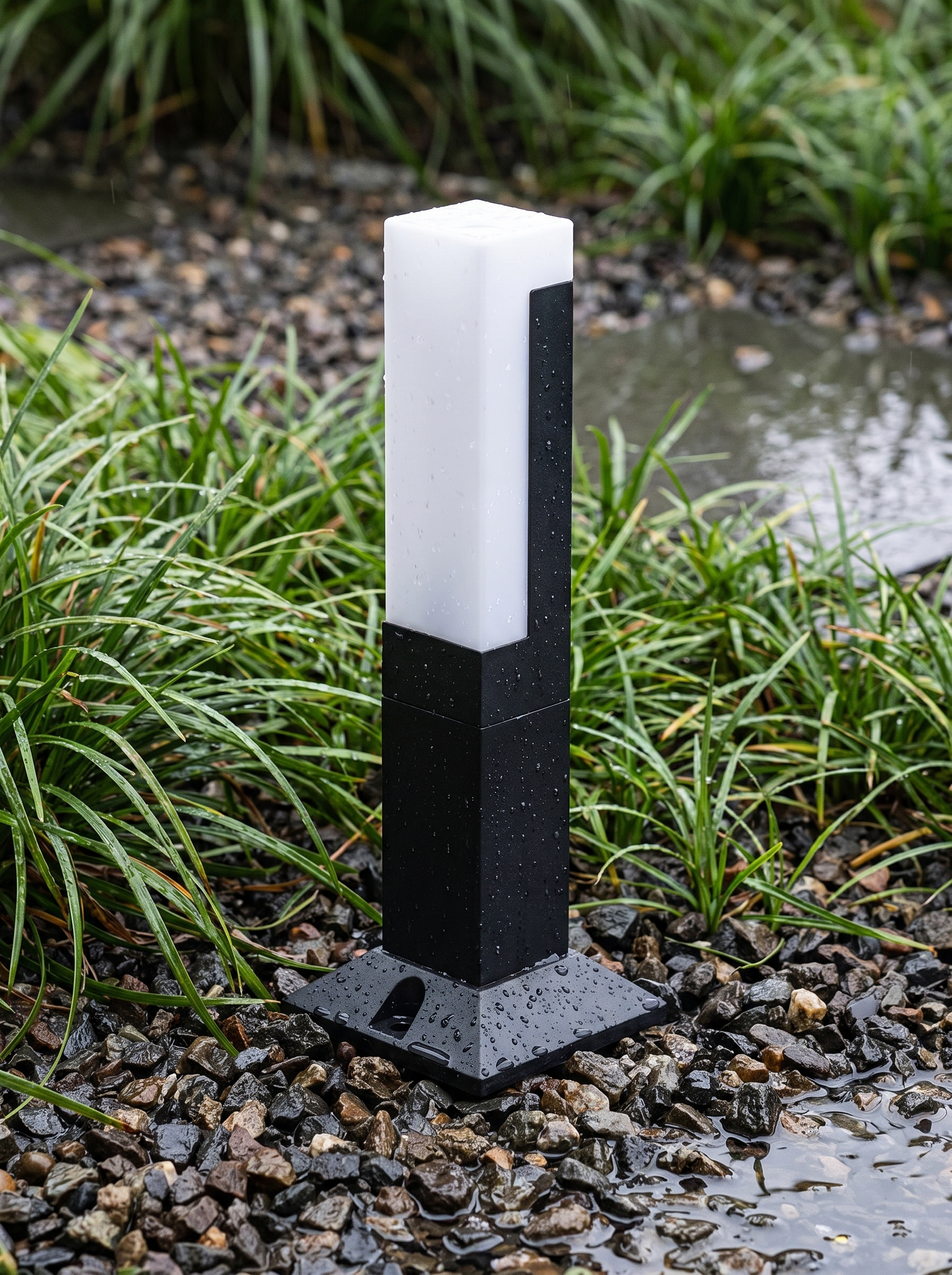 Meadow path light at ground level after rain